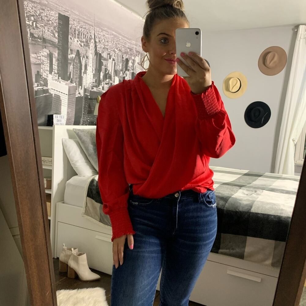 Vici Boutique Satin Surplice Long Puff Sleeve Blouse Top Red NWT Size XS V Neck